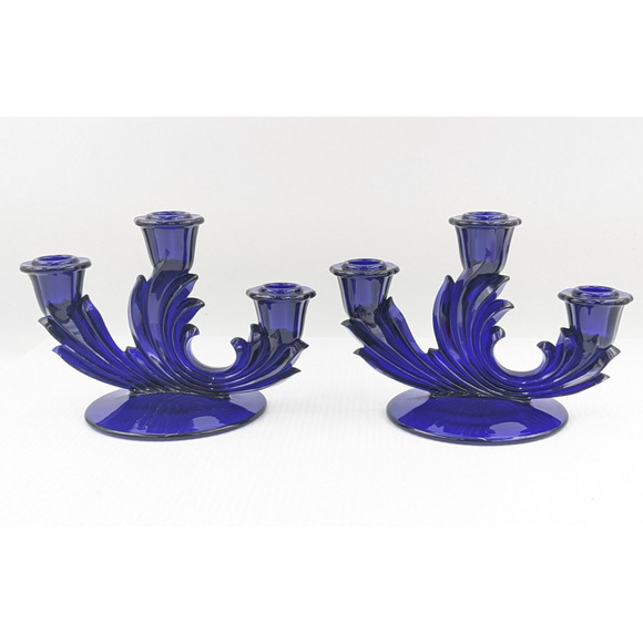 Fostoria Glass Baroque Regal Blue Cobalt 3 Light Candlestick Set of 2 Rare #2496 - Picture 2 of 12